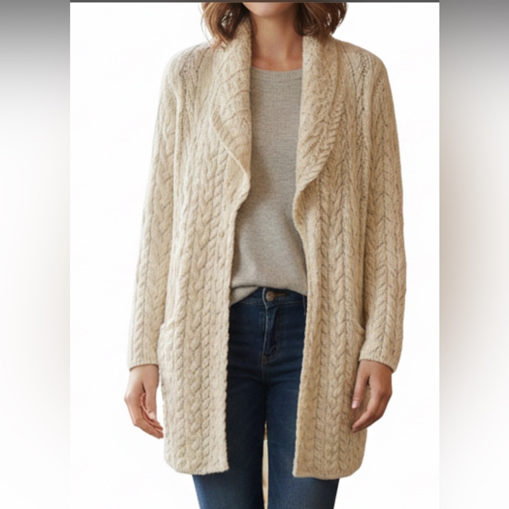 Irelands Eye 100% Wool Cream Cable Knit Long Cardigan Sweater Knit